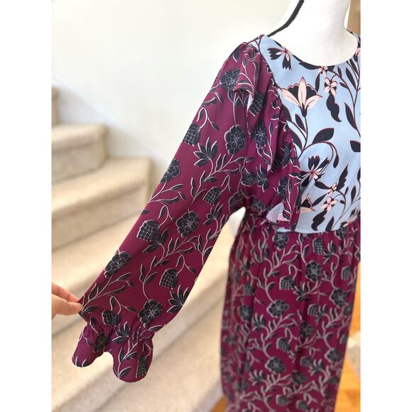 Eloquii Purple & Blue Floral Ruffle Blouson Sleeve Midi Dress - Picture 2 of 8